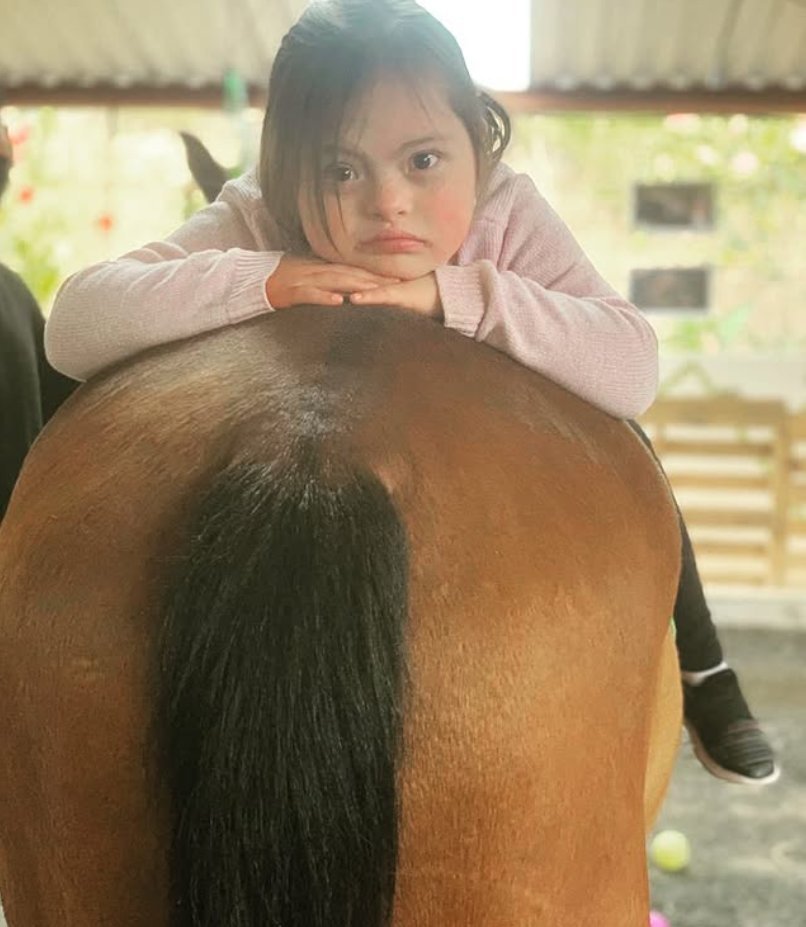 Niña apoyada en caballo